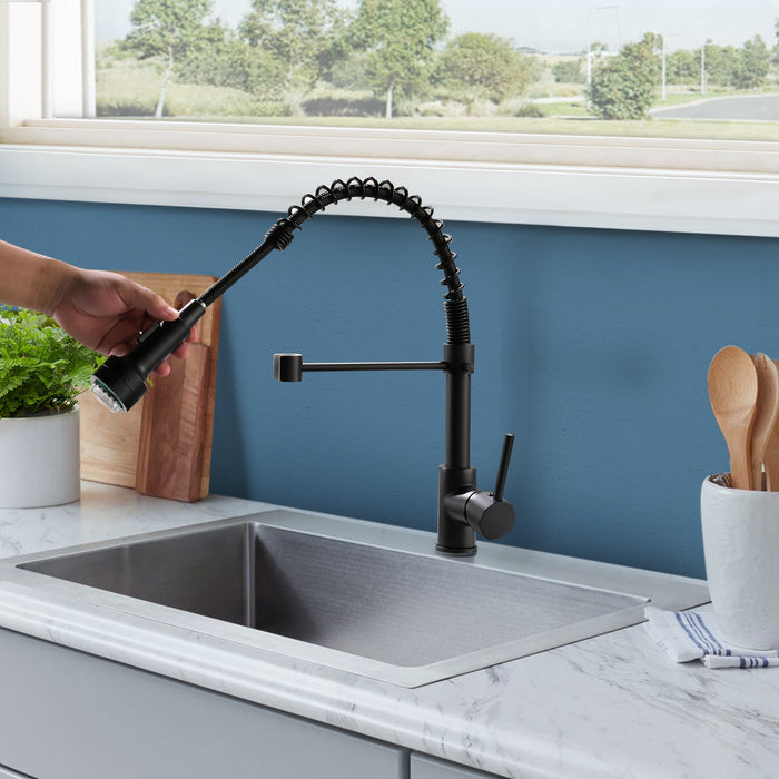 Single Handle Pull Down Sprayer Kitchen Faucet with Dual Function Sprayhead and LED Light in Matte Black