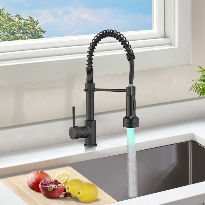 Single Handle Pull Down Sprayer Kitchen Faucet with Dual Function Sprayhead and LED Light in Matte Black