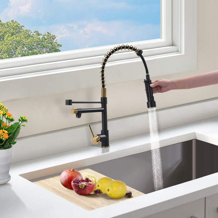 Spring Single Handle Pull Down Sprayer Kitchen Faucet with spray and stream in Black Titanium Gold