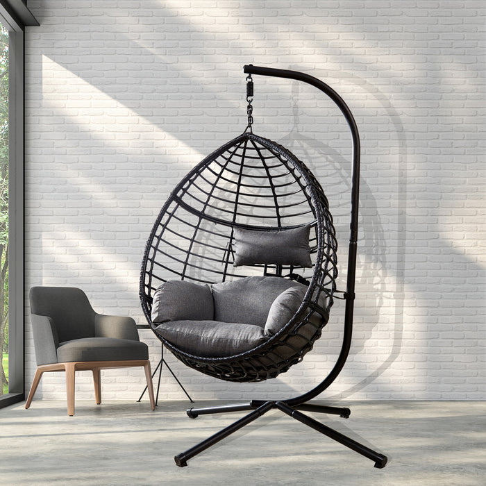 Black Metal Frame Hanging Chair with Gray Water Resistant Fabric Cushioned Seat
