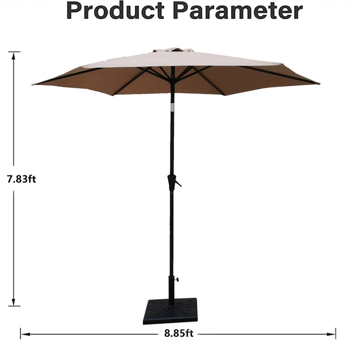 8.8 feet Outdoor Aluminum Patio Umbrella, Patio Umbrella, Market Umbrella with 42 Pound Square Resin Umbrella Base, Push Button Tilt and Crank lift, Taupe
