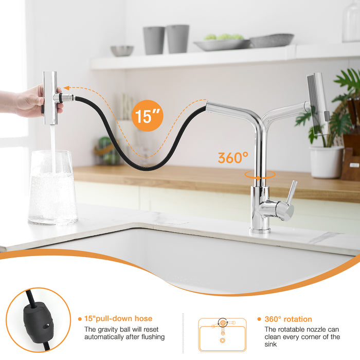 Single Handle Basin Sink Pull Out Kitchen Faucet With 360° Rotating Spout