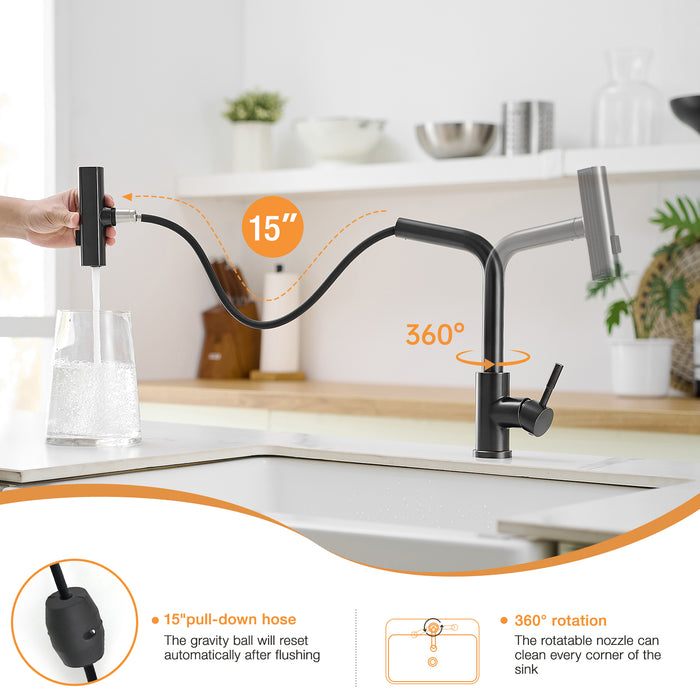 Single Handle Basin Sink Pull Out Kitchen Faucet With 360° Rotating Spout