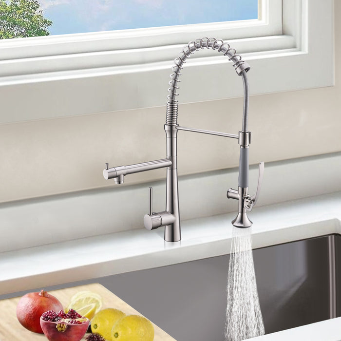 Contemporary Single Handle Kitchen Faucet with  Pull Down Sprayer and Pot Filler in Brushed Nickel