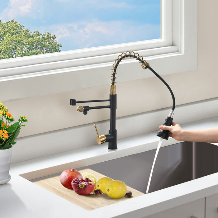 TopCraft Kitchen Faucet with Pull Out Sprayer and Three Function Spray head Single Handle in Matte Black Brushed Gold
