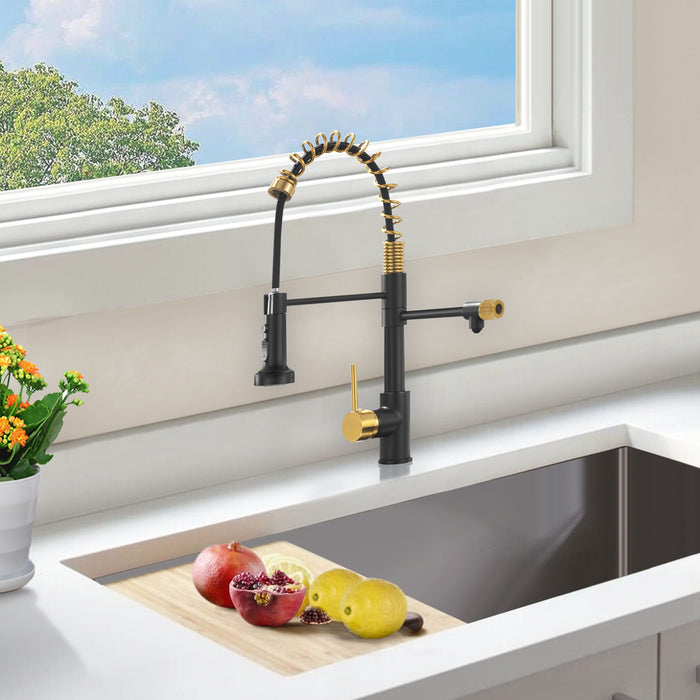 TopCraft Kitchen Faucet with Pull Out Sprayer and Three Function Spray head Single Handle in Matte Black Brushed Gold