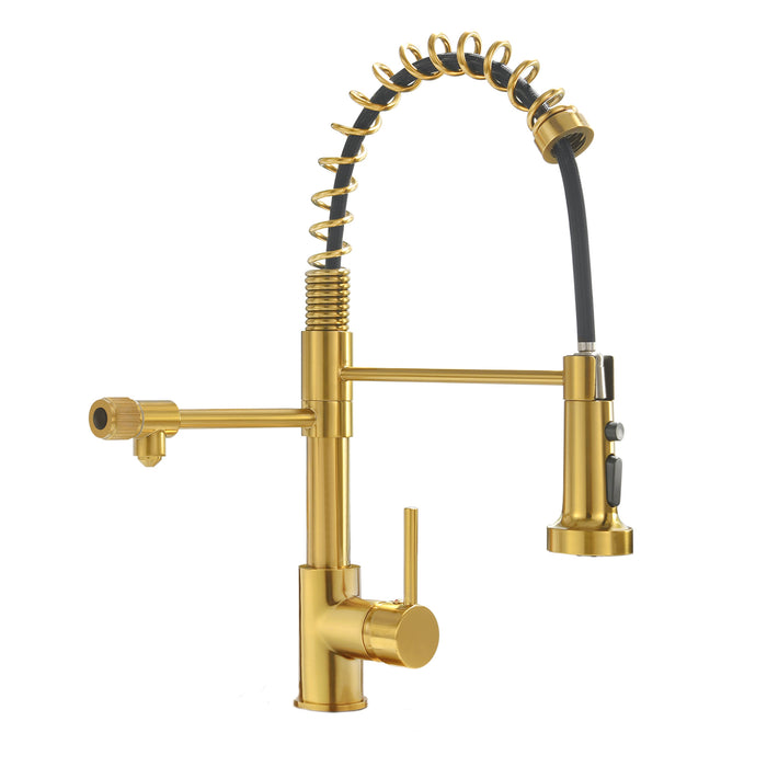 Single Handle Solid Copper Kitchen Faucet with Pull Out Sprayer and Three Function Spray Head in Brushed Gold