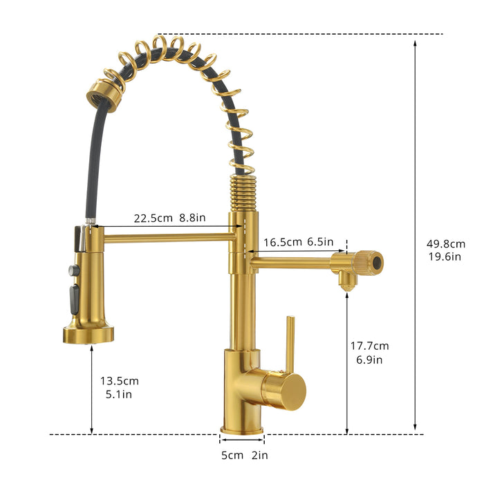 Single Handle Solid Copper Kitchen Faucet with Pull Out Sprayer and Three Function Spray Head in Brushed Gold