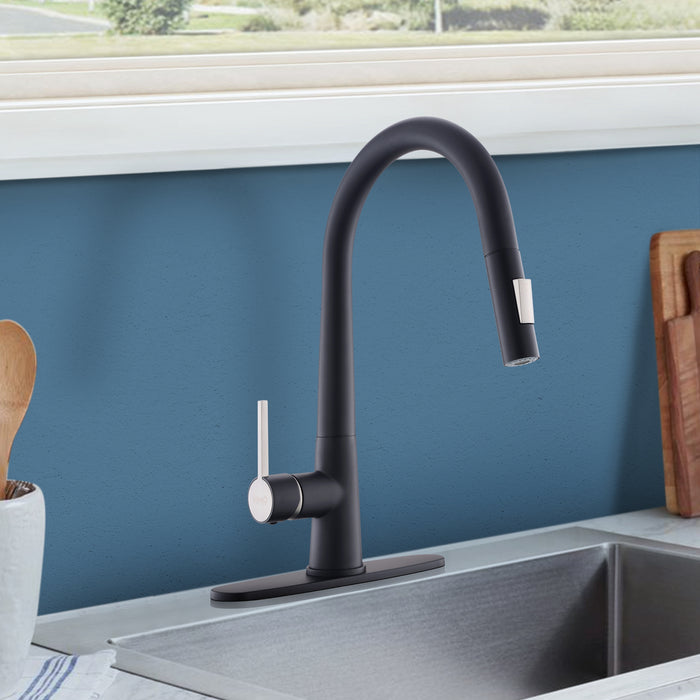Single Handle Pull Out Kitchen Faucet with Deckplate and Sprayer Dual Function Sprayhead in Matte Black