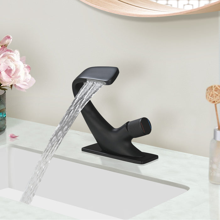 Single Pulley Handle Bathroom Faucet Waterfall Sink Faucet With Hot And Cold Water Mixer Vanity Tap Deckplate Included In Matte Black