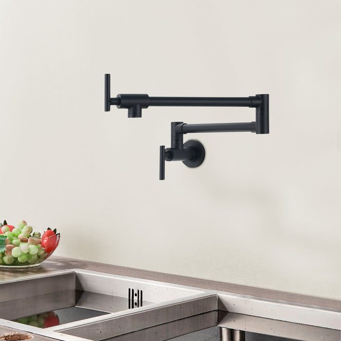 TopCraft Double-Handle Wall Mounted Pot Filler Kitchen Faucet with Contemporary Design in Matte Black