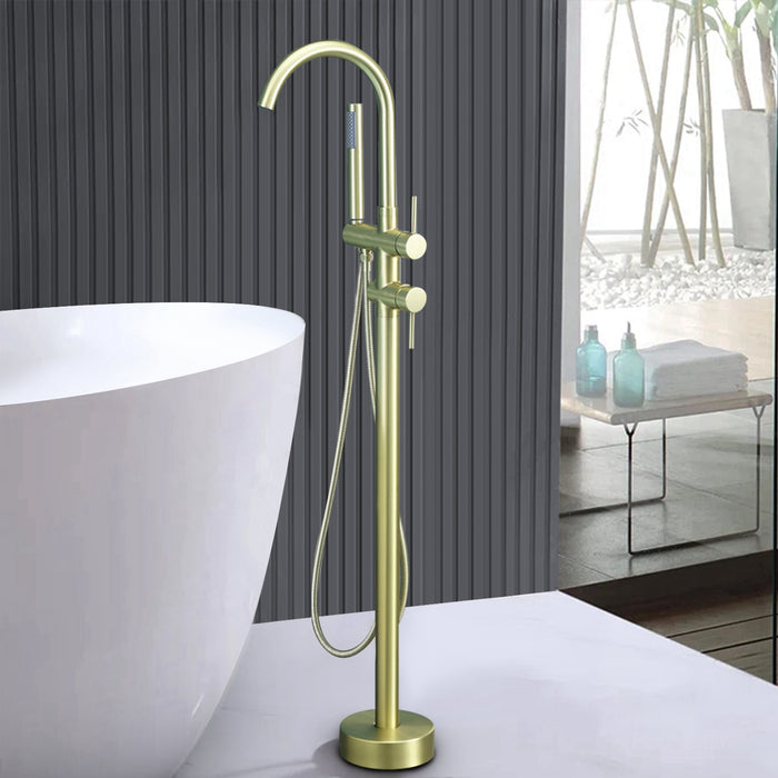 Contemporary 2-Handle Freestanding Tub Filler Floor Mount Bathtub Faucet with Hand Shower (Black/Brushed Gold)