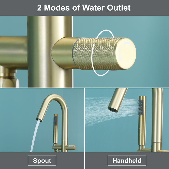 Brushed Gold 3-Handle Freestanding Bathtub Faucet with Hand Shower