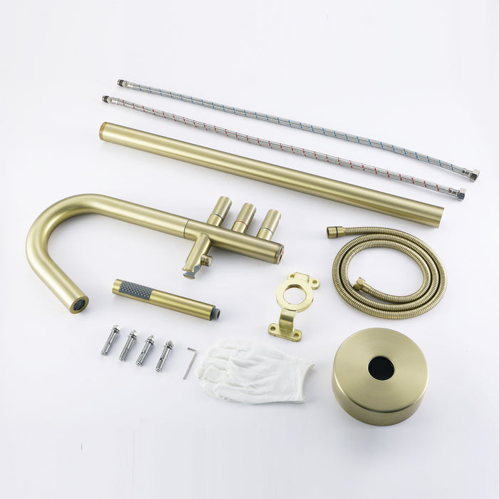 Brushed Gold 3-Handle Freestanding Bathtub Faucet with Hand Shower