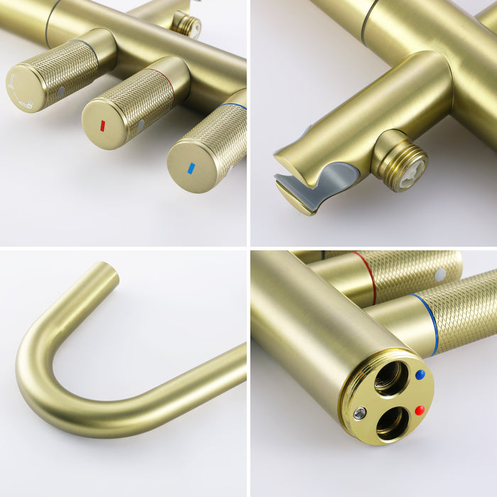 Brushed Gold 3-Handle Freestanding Bathtub Faucet with Hand Shower