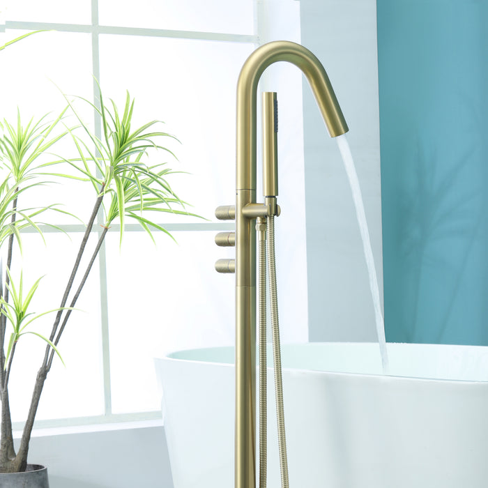 Brushed Gold 3-Handle Freestanding Bathtub Faucet with Hand Shower
