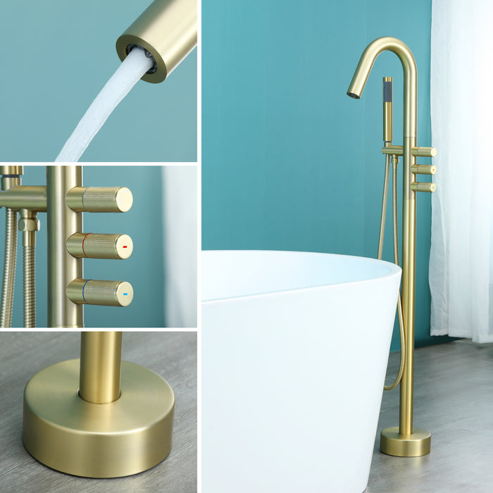 Brushed Gold 3-Handle Freestanding Bathtub Faucet with Hand Shower
