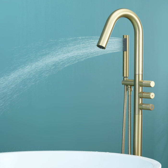 Brushed Gold 3-Handle Freestanding Bathtub Faucet with Hand Shower