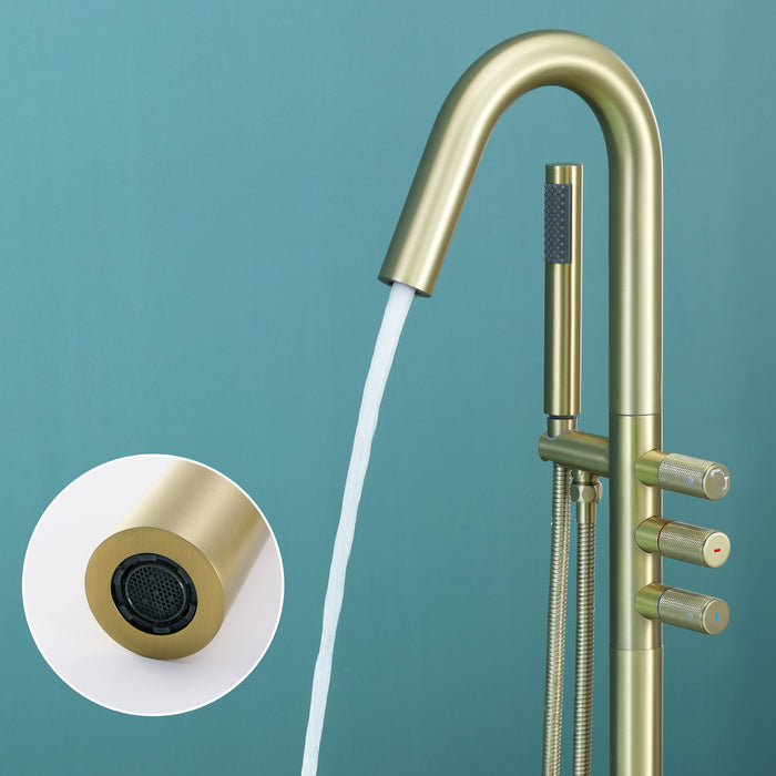Brushed Gold 3-Handle Freestanding Bathtub Faucet with Hand Shower