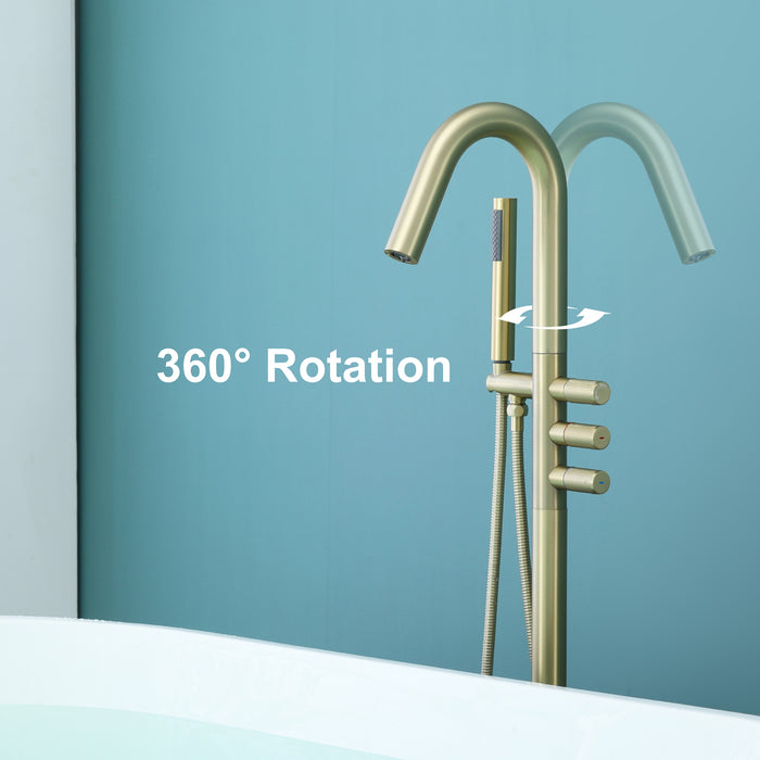 Brushed Gold 3-Handle Freestanding Bathtub Faucet with Hand Shower