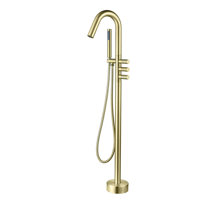 Brushed Gold 3-Handle Freestanding Bathtub Faucet with Hand Shower