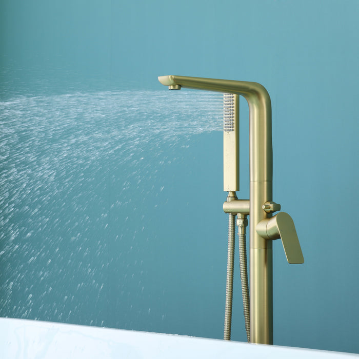 Brushed Gold 1-Handle Freestanding Bathtub Faucet with Hand Shower