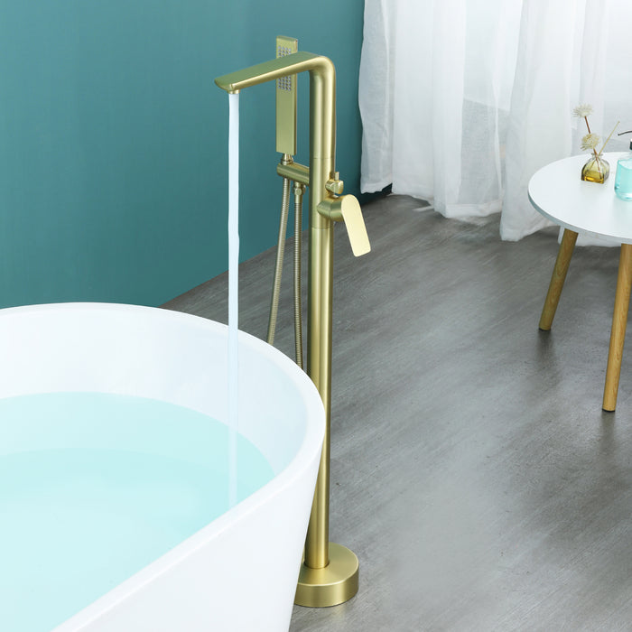 Brushed Gold 1-Handle Freestanding Bathtub Faucet with Hand Shower