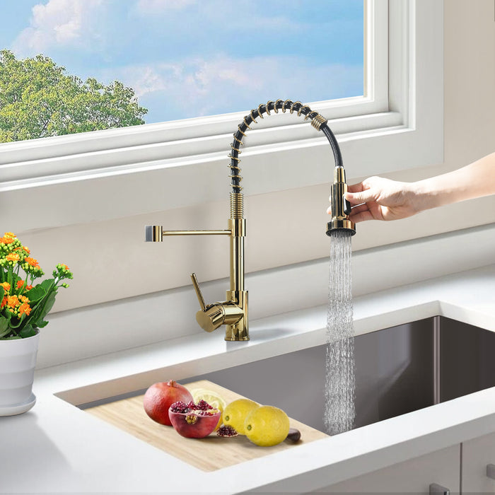 Single Handle Pull Down Kitchen Faucet with Sprayer and Dual Function Sprayhead in Brushed Gold