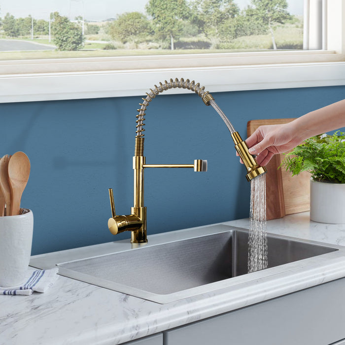 Pull Down Kitchen Faucet with Sprayer and Dual-Function Spray Head Single Handle in Titanium Gold