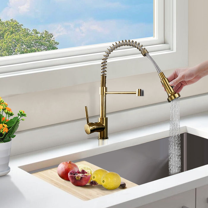 Pull Down Kitchen Faucet with Sprayer and Dual-Function Spray Head Single Handle in Titanium Gold