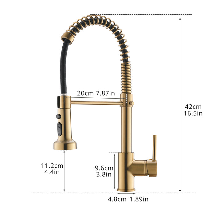 Single Handle Pull Down Kitchen Faucet with Sprayer Dual Function Sprayhead and Deckplate in Brushed Gold