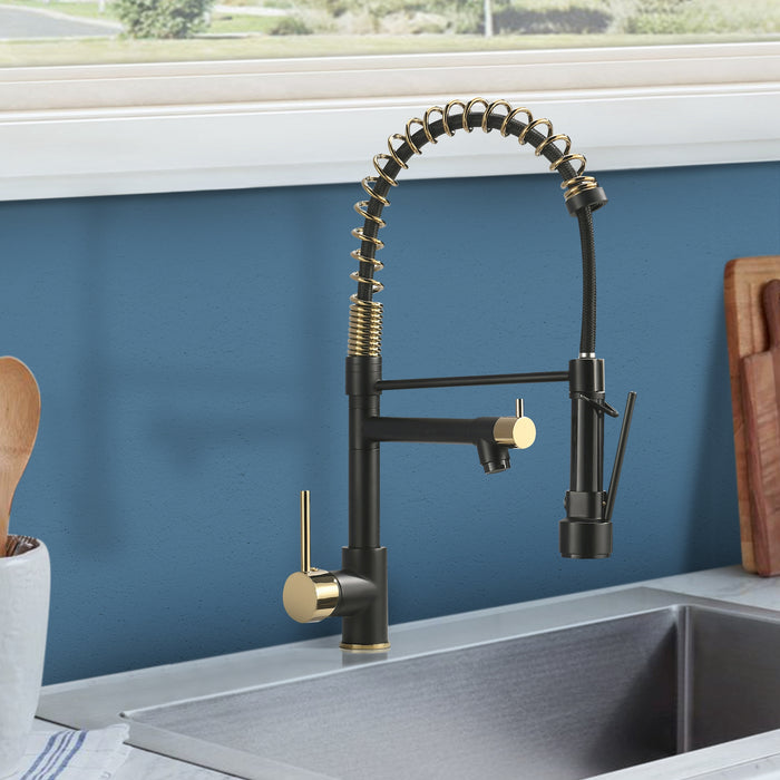 Spring Single Handle Pull Down Sprayer Kitchen Faucet with spray and stream in Black Titanium Gold