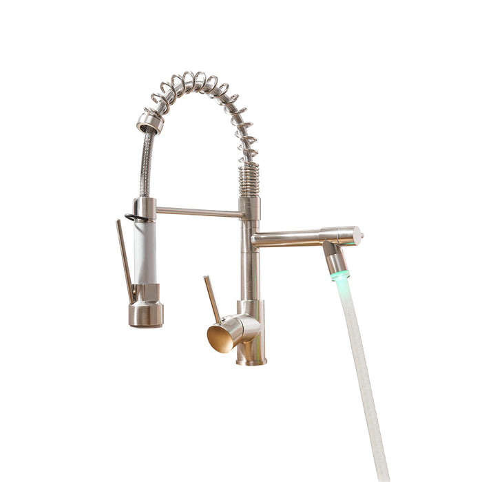 Spring Single Handle Pull Down Kitchen Faucet with Sprayer Pot Filler and LED Light in Brushed Nickel