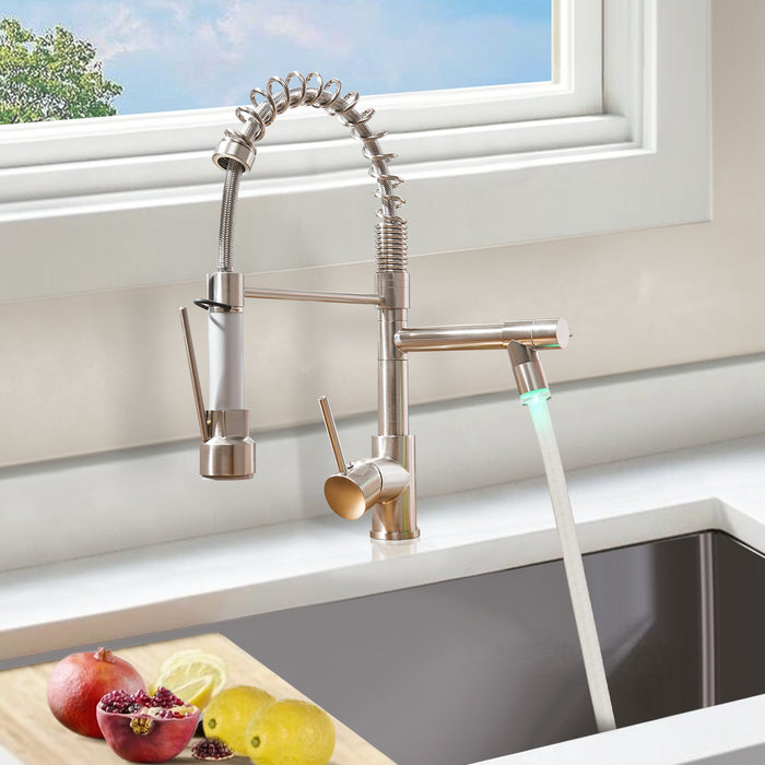 Spring Single Handle Pull Down Kitchen Faucet with Sprayer Pot Filler and LED Light in Brushed Nickel