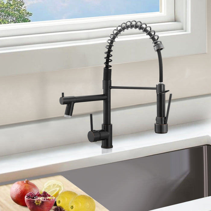 Single Handle LED Pull Out Kitchen Faucet with Sprayer Dual Function Spray Head in Oil Rubber Bronze