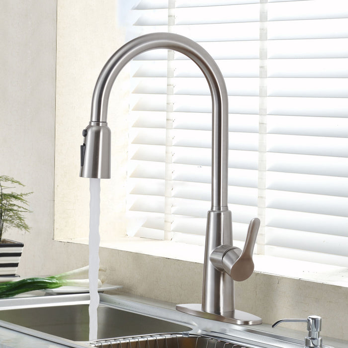 Kitchen Sink Faucet with Pull Out Sprayer Brushed Nickle,Stainless Steel High Arc Kitchen Sink Faucet, 3 Way Setting Single Handle Kitchen Faucets with Deck Plate
