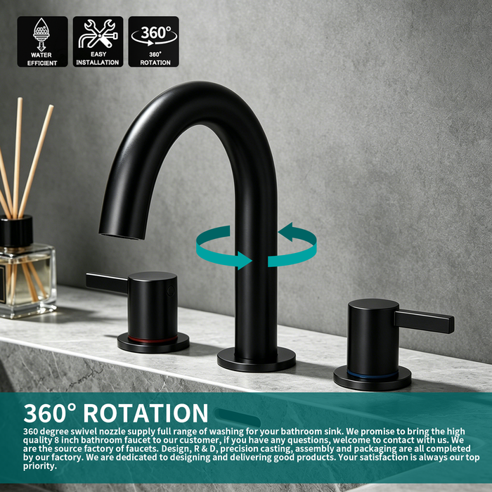 8-Inch Widespread Lavatory Faucet, 2-Handle 3-Hole with 360° Spout Vanity and Pop-Up Drain