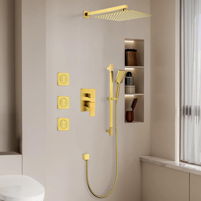 1-spray 11.8 in. Wall-Mounted Dual Fixed and Handheld Shower Head 2.5 GPM with Slide Bar, Body-sprays in Brushed Gold