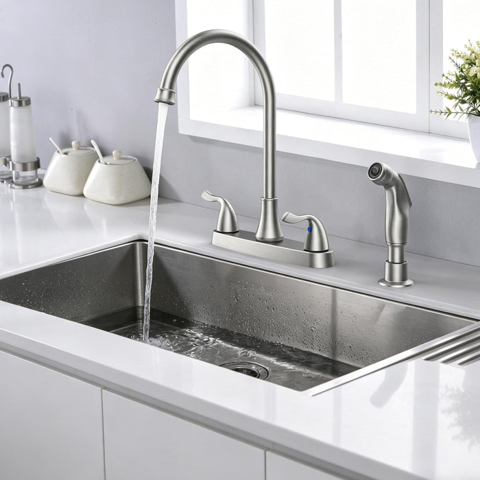 Two-Handle Kitchen Faucet with Pull-Out Side Sprayer, 360 Swivel 304 Stainless steel in Brushed Nickel