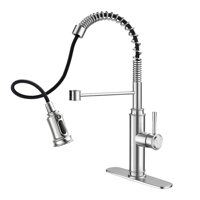 Single Handle Spring Kitchen Sink Faucet with 3 Modes Pull Down Sprayer and Deck Plate for 1or3 Holes, 360° Rotation, Spot Resist Stainless Steel Lead Free