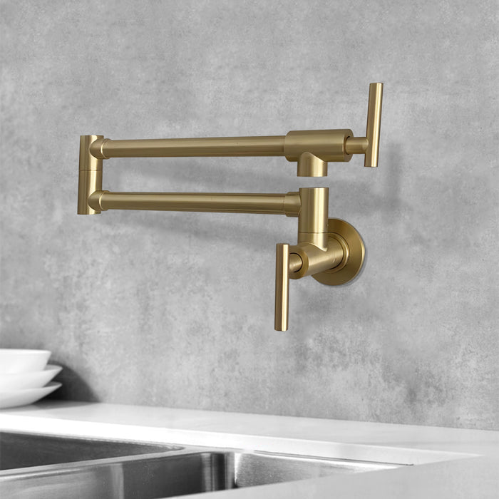Pot Filler Faucet Wall Mount,Commercial Kitchen Faucet Folding Stretchable with Double Joint Swing Arms,Kitchen Sink Faucet with Single Hole 2 Handles and 2 cartridges to Control Water