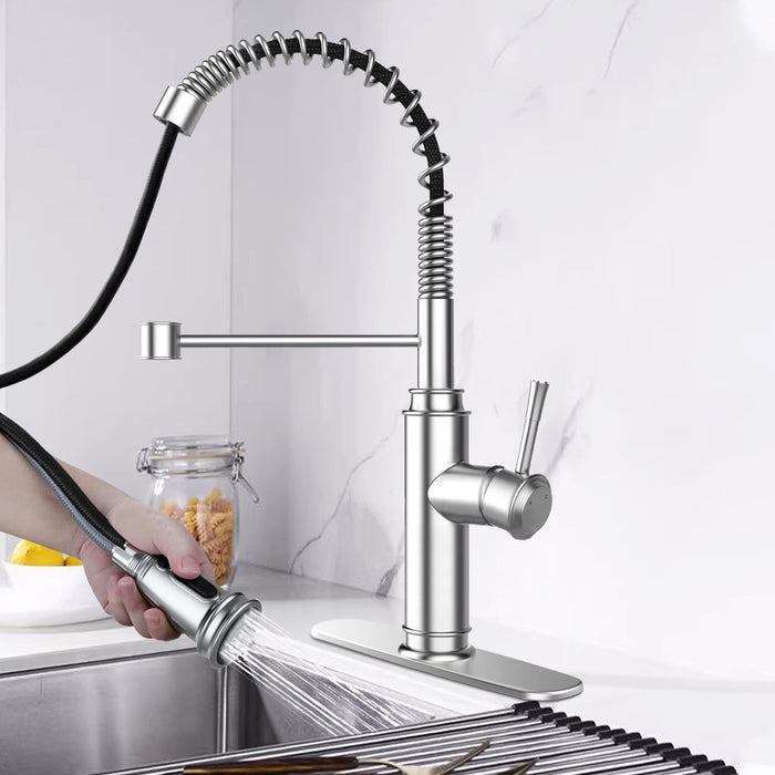 Single Handle Spring Kitchen Sink Faucet with 3 Modes Pull Down Sprayer and Deck Plate for 1or3 Holes, 360° Rotation, Spot Resist Stainless Steel Lead Free