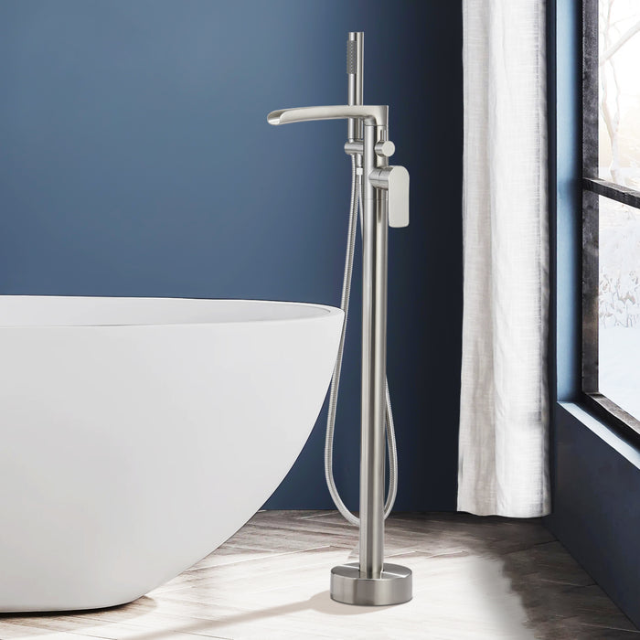 TopCraft Solid Brass Single-Handle Floor Mount Tub Faucet Freestanding Tub Filler with Handheld Showerhead in Modern Design