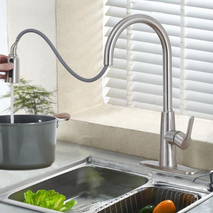 Kitchen Sink Faucet with Pull Out Sprayer Brushed Nickle,Stainless Steel High Arc Kitchen Sink Faucet, 3 Way Setting Single Handle Kitchen Faucets with Deck Plate