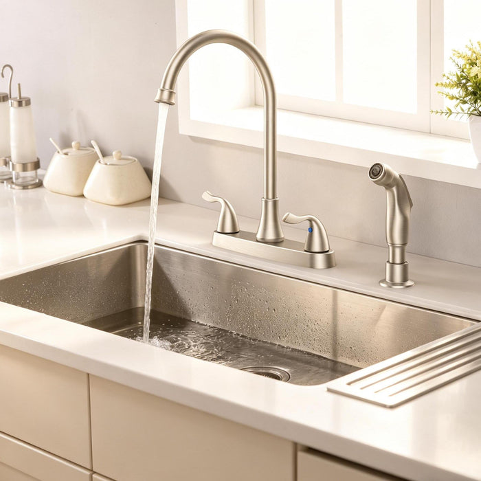 Two-Handle Kitchen Faucet with Pull-Out Side Sprayer, 360 Swivel 304 Stainless steel in Brushed Nickel