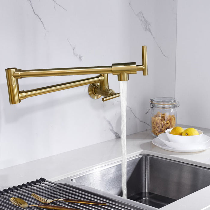 Pot Filler Faucet Wall Mount,Commercial Kitchen Faucet Folding Stretchable with Double Joint Swing Arms,Kitchen Sink Faucet with Single Hole 2 Handles and 2 cartridges to Control Water