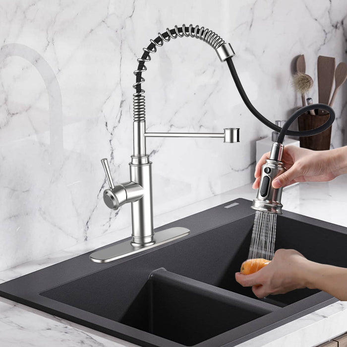 Single Handle Spring Kitchen Sink Faucet with 3 Modes Pull Down Sprayer and Deck Plate for 1or3 Holes, 360° Rotation, Spot Resist Stainless Steel Lead Free