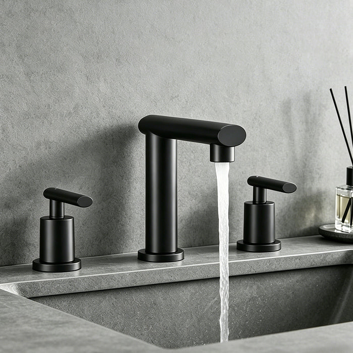 Matte Black Widespread Bathroom Faucet, Waterfall Bathroom Faucets for Sink 3 Hole, 2-Handles Modern Vanity Faucet with Pop Up Drain Assembly and Lead-Free Supply Hose