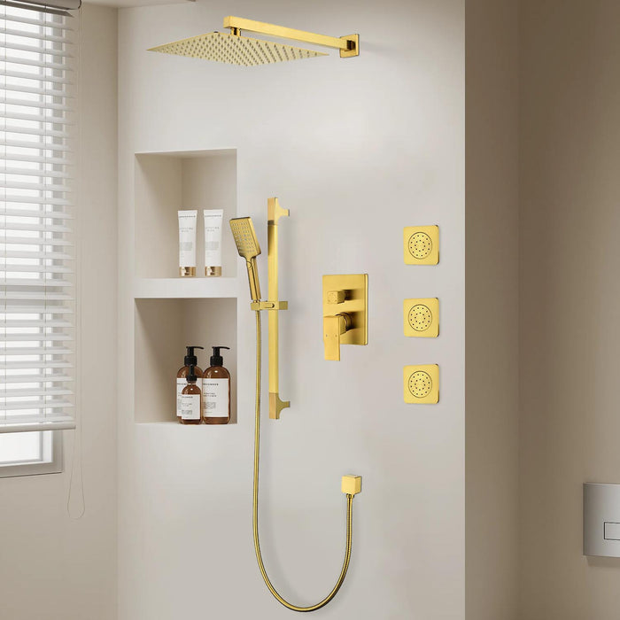 1-spray 11.8 in. Wall-Mounted Dual Fixed and Handheld Shower Head 2.5 GPM with Slide Bar, Body-sprays in Brushed Gold
