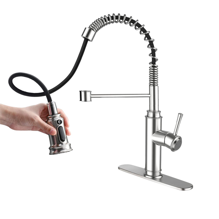 Single Handle Spring Kitchen Sink Faucet with 3 Modes Pull Down Sprayer and Deck Plate for 1or3 Holes, 360° Rotation, Spot Resist Stainless Steel Lead Free